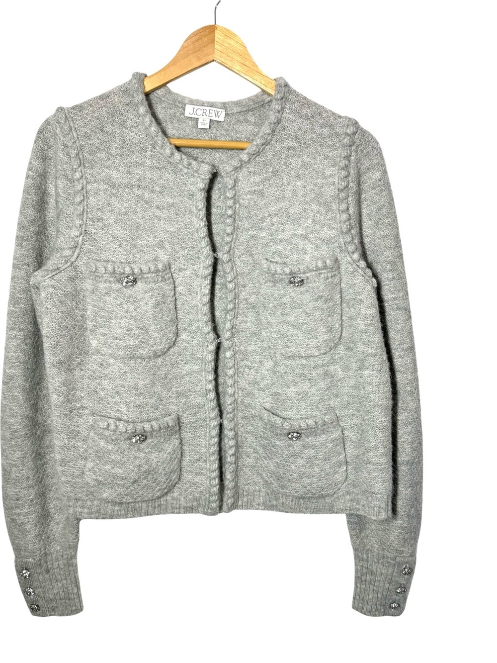 J.Crew Odette Knit Lady Sweater Cardigan Gray XS Alpaca Wool Crystal Buttons